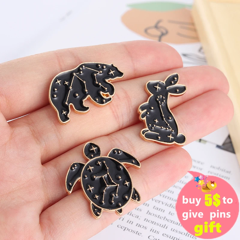 Animal Constellation Enamel Pin Bunny Rabbit Deer Sea Turtle Brooches for Women Men Clothes Badges Lapel Jewelry Gifts Wholesale