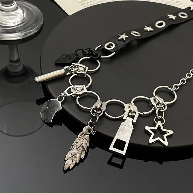 Hip hop cool personality creative necklace Zipper head Star Moon Pendant choker splice temperament new women jewelry accessories