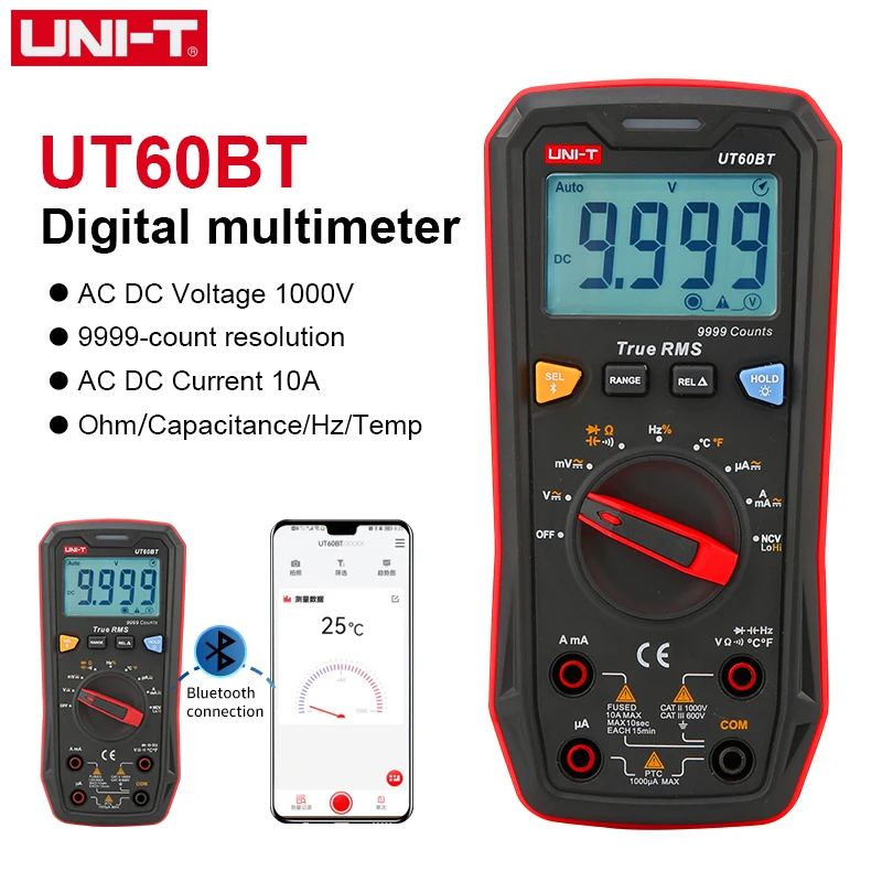 

UNI-T Smart Digital Multimeter UT60S UT60BT 1000V AC DC Voltmeter Ammeter True RMS Frequency Capacitance Temperature Tester
