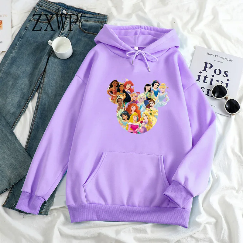 Cartoon Princess Hoodies Women Print Cinderella Sweatshirts Belle Kawaii Mickey Mouse Hoodie Anime Tops Female Clothing