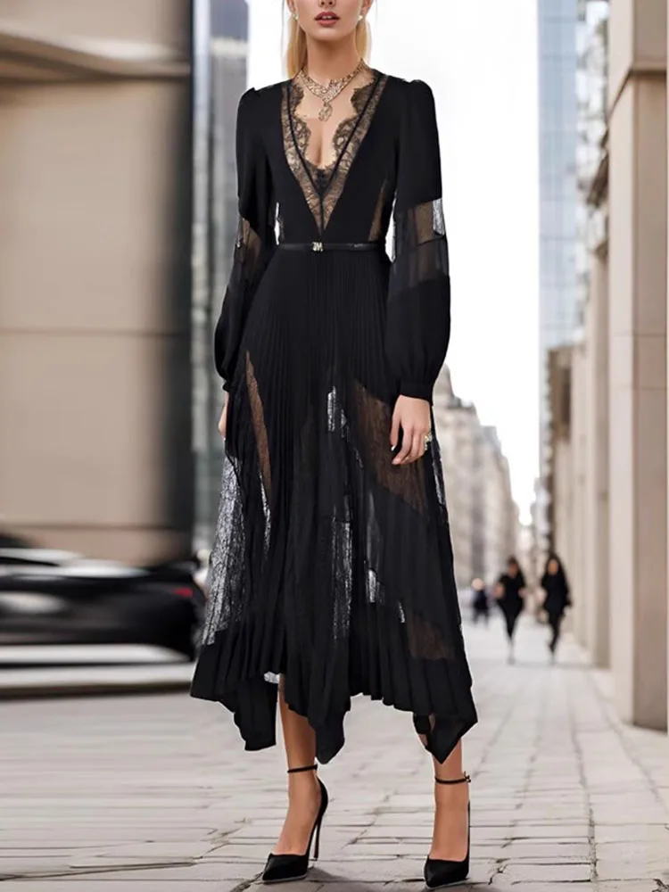 Women's Lace Chiffon Dress, Long Sleeve, V Neck, Soft Materials, Party, Holiday, Long, Blending, Runway, Fashion, Spring, Autumn