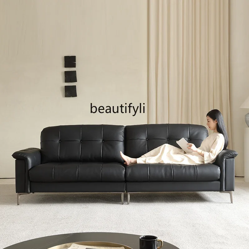 

Simple modern retro leather sofa nebula down black, straight row living room simple antique oil wax leather