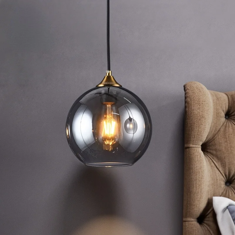 

Nordic Smoke Gray Glass Ball Chandelier Bedroom Bedside Pendant Lamp Decor Restaurant Hanging Simple Light Luxury Luminaire Lamp