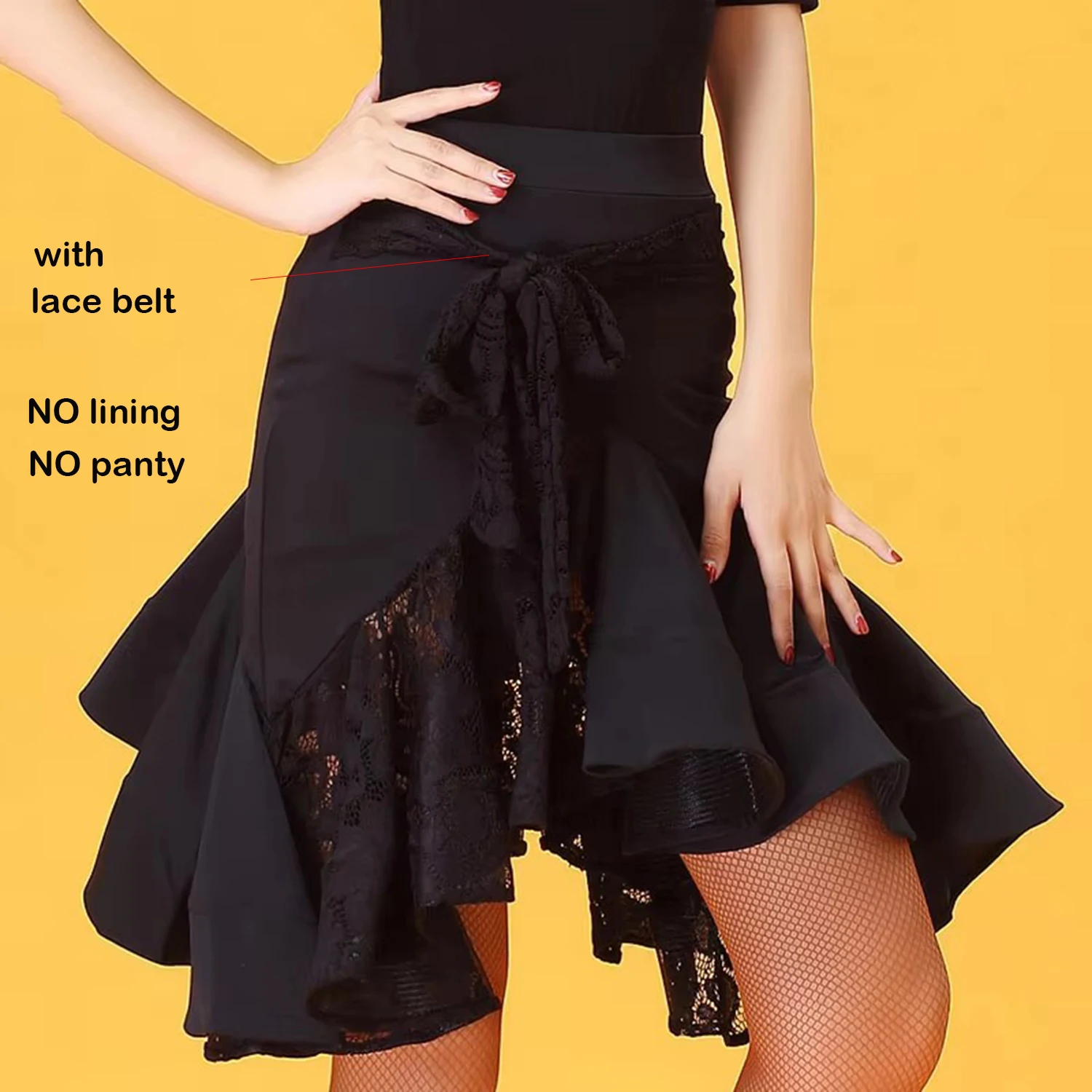 Traje de dança latina com bainha e cinto de babados, personalizar dancewear para latina, meryl, preto e meryl, dancewear para dança latina,