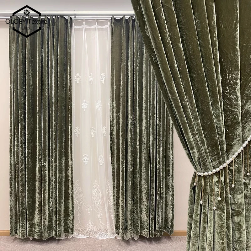 

New Custom Vintage Green Silk Velvet Curtains for Living Room Bedroom in European American French Style Drapes for Home Decor