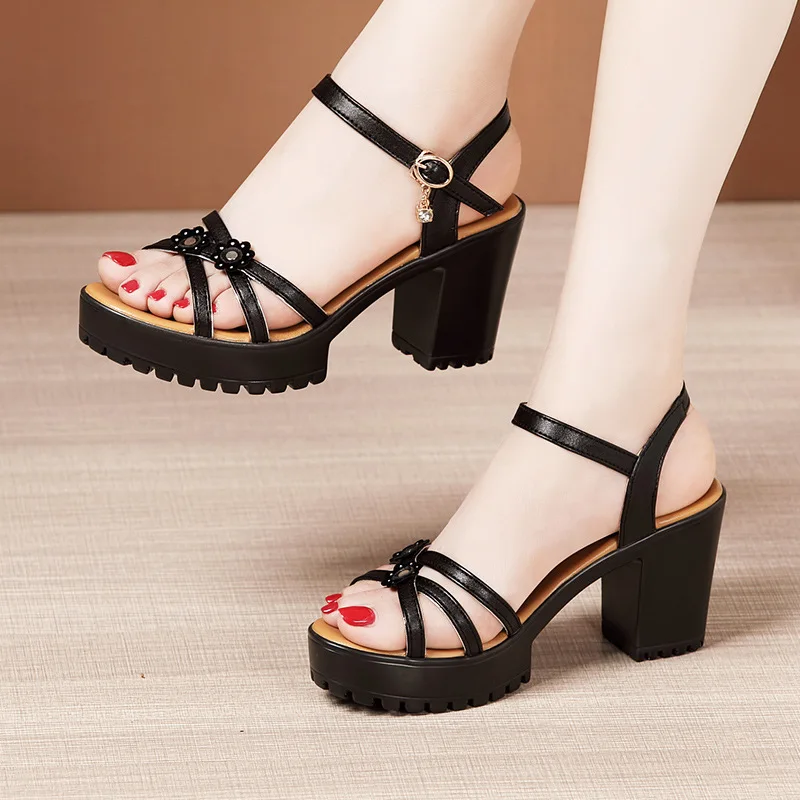 

Women's Sandals Genuine Leather Platform Sandal 2022 Summer Thick Sole High Heels Ladies Sandal Women Shoes Big Size 32-43