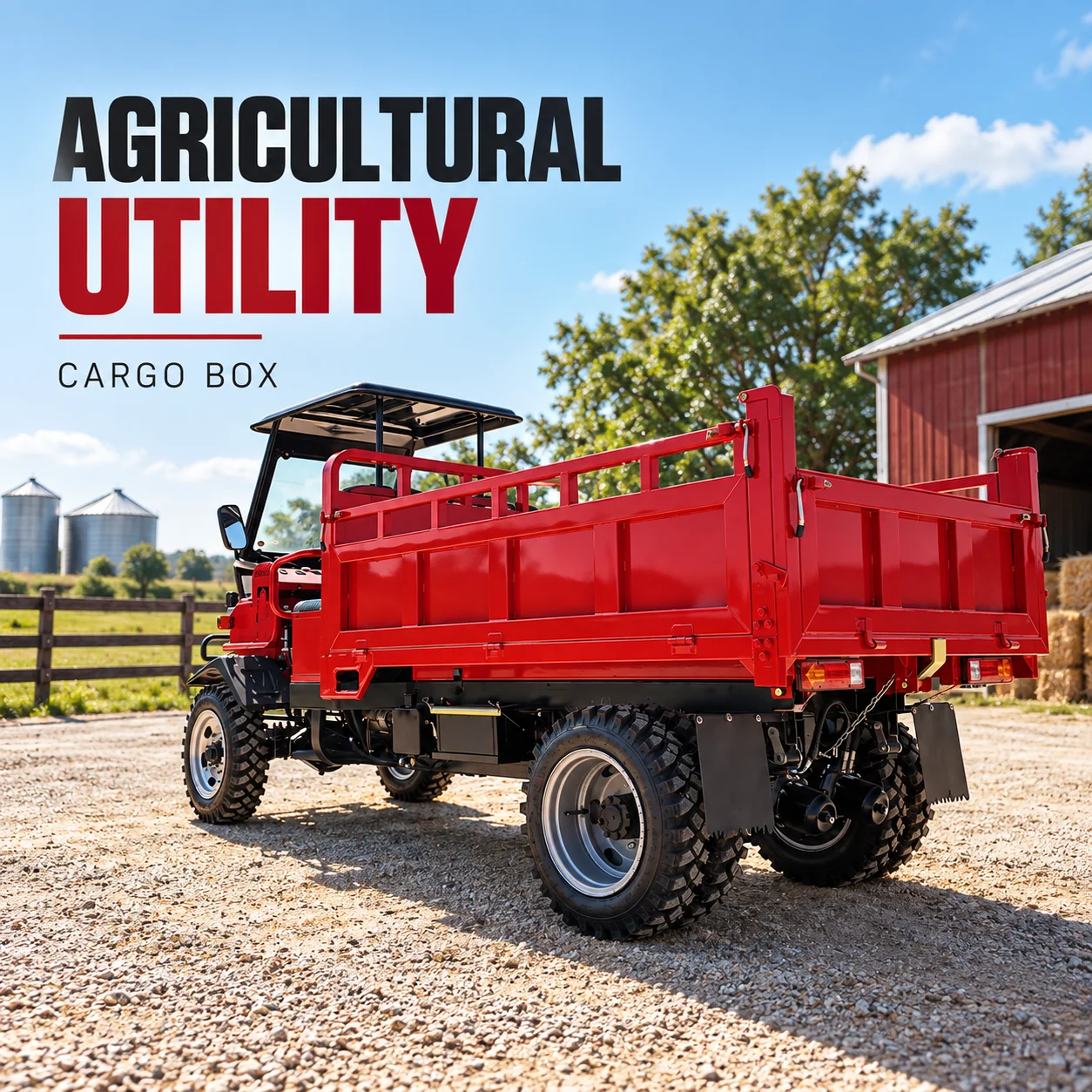 Red Farm Work Truck with Windshield and Side Panel Cargo Box for Orchard Lanes