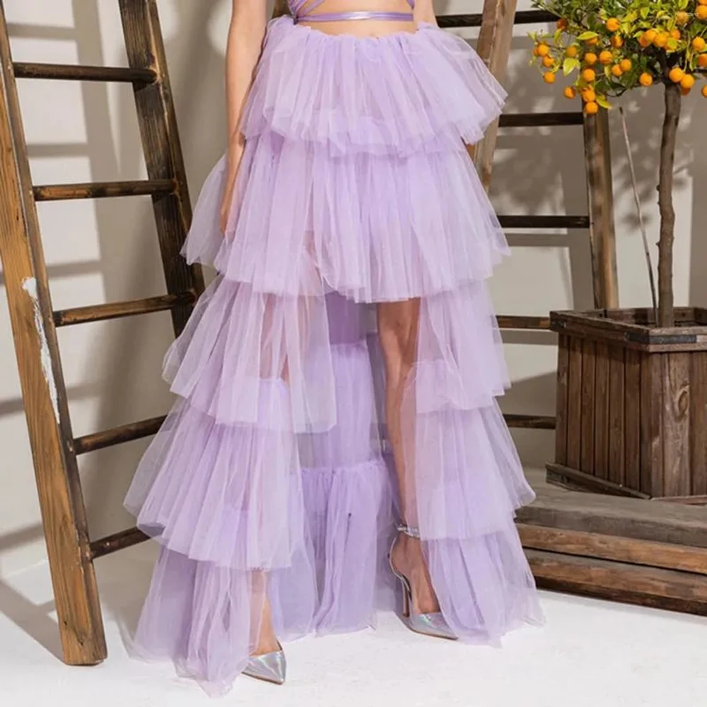 Lavender High Low Tiered Skirts Princess Puffy Tulle For Women Floor Length Skirt Fashion Faldas Saia Custom Made Color And Size