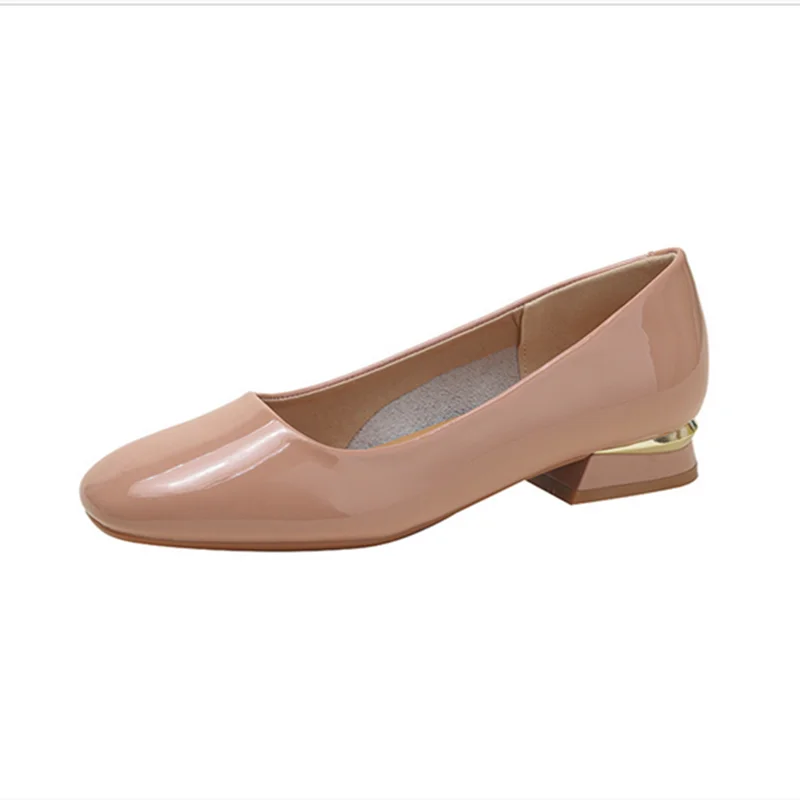 Women Block Metal Heels Tacones Square Toe Shiny Patent Leather Shoes Fabulous Slip-On In Pinkish Beige 34-40 25cm Plain Pumps