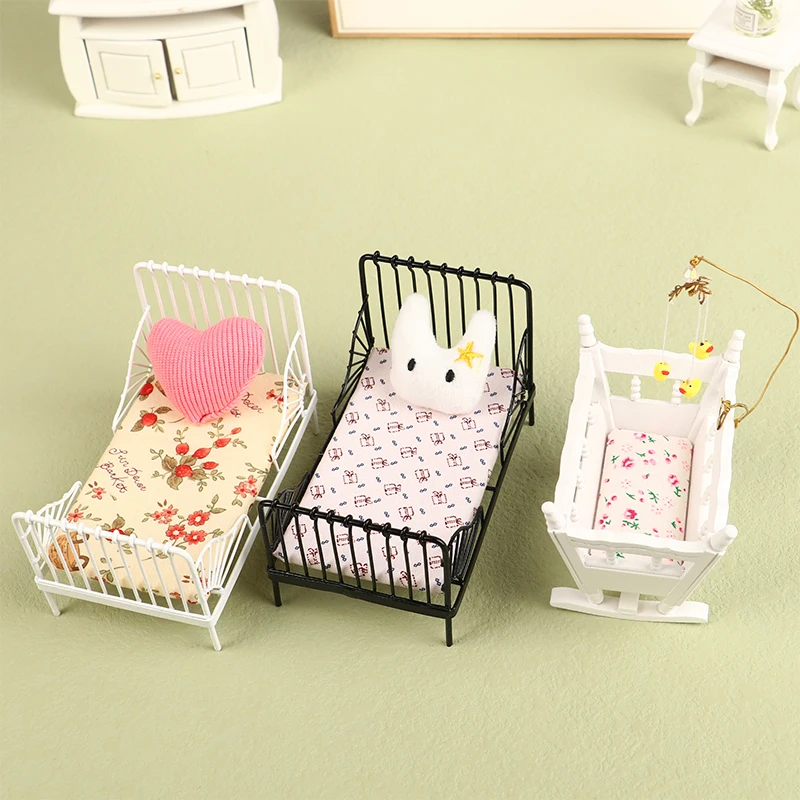 1:12 miniature bed for dolls Dollhouse Iron doll bed Furniture toy children simulation house role play toys collection gifts - Image 3