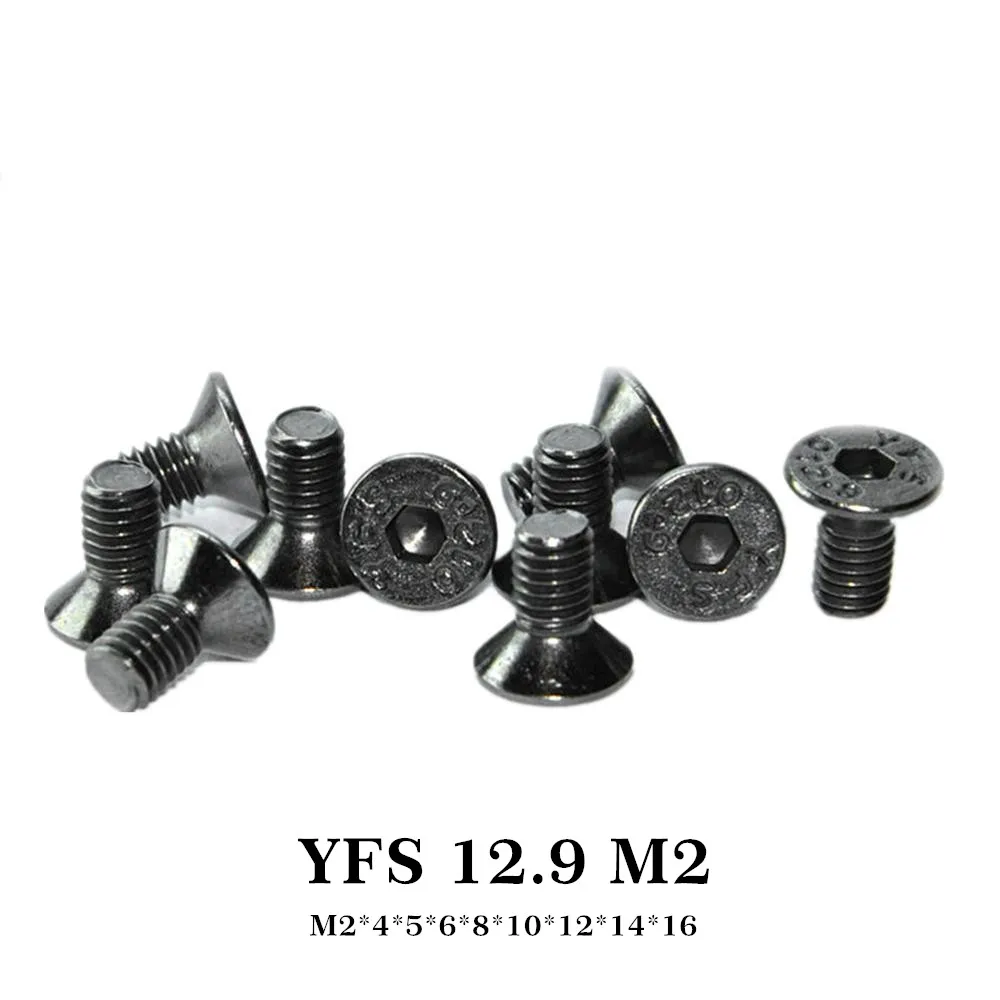 100Pcs YFS M2 Hex Socket Head Flat Countersunk Allen Screw M2*6*8*10*12*14*16mm Grade 12.9 Black Nickel Plating Anti-Rust Screws