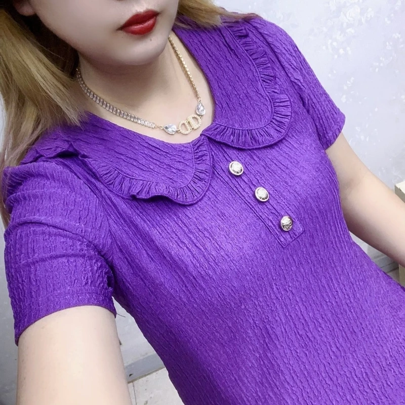 2024 New Summer Retro Sweet Loose Fitting Versatile Short Sleeved Solid Color Doll Neck Button Patchwork Women\'s T-shirt Top