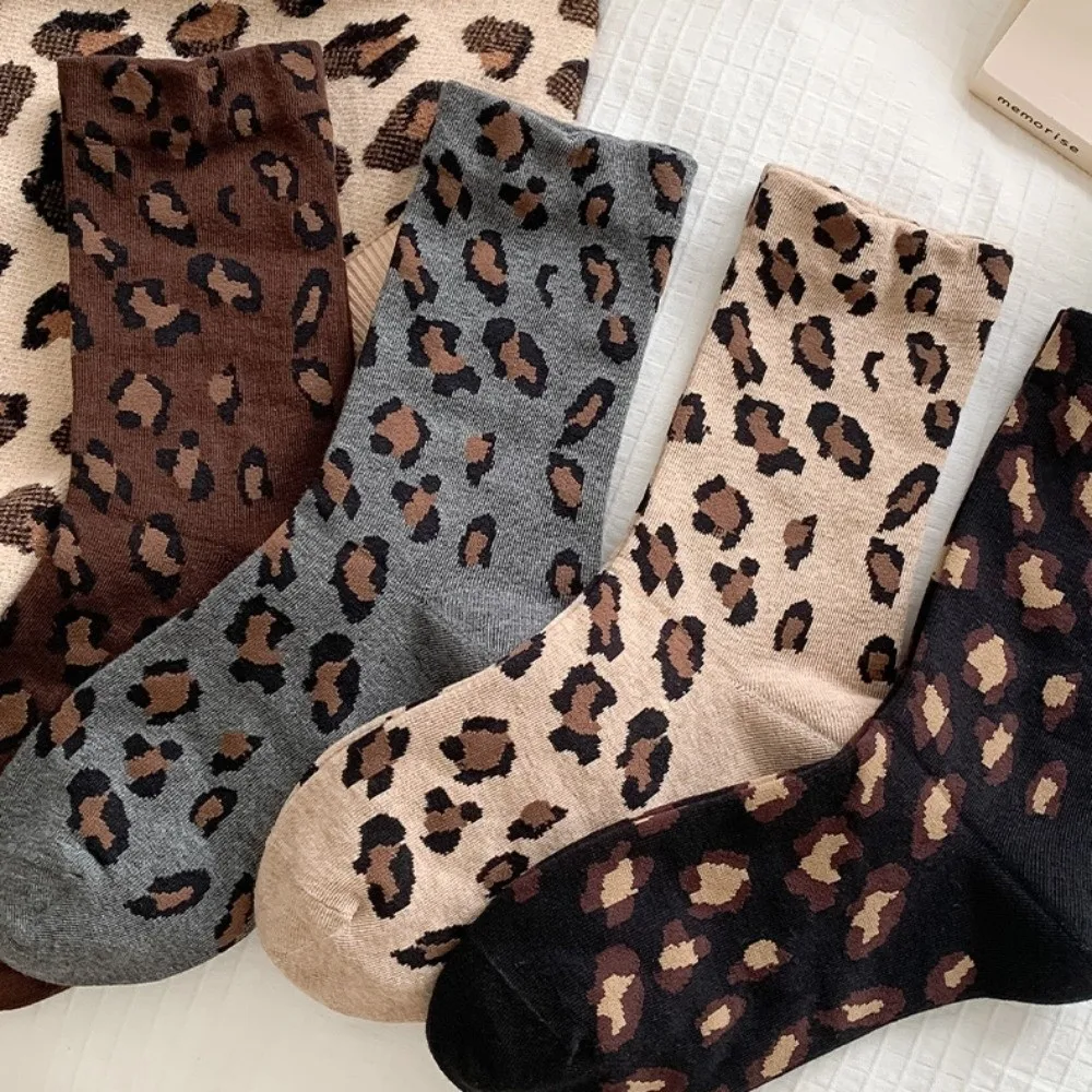 

5 пар носков в корейском стиле с леопардовым принтом, дышащие эластичные женские носки-трубочки, мягкие впитывающие пот носки до середины икры, уличная одежда