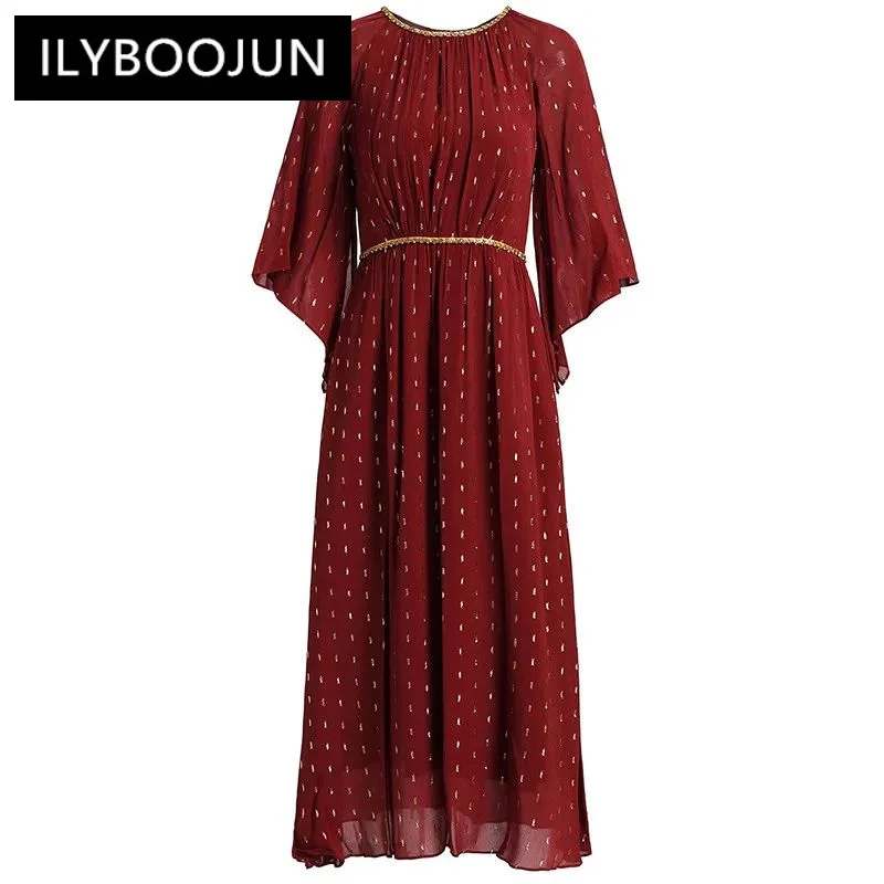 

ILYBOOJUN Fashion Women's New Round Neck Nail Beads Raglan Sleeve Elegant High-Waisted Office Lady Ball Gown Mid-Length Dress