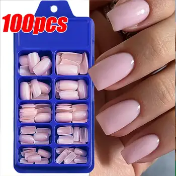 100 Uds. De uñas postizas de color rosa claro, puntas de uñas postizas cuadradas medianas cortas, 10 tamaños, cubierta completa reutilizable, decoración de uñas postizas