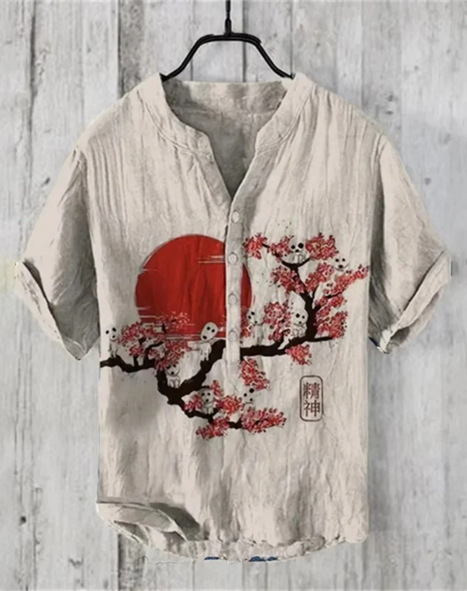 Hot sale Henry shirt 2025 summer men's casual short-sleeved T-shirt floral print top linen blend comfortable fabric XS-6XL size