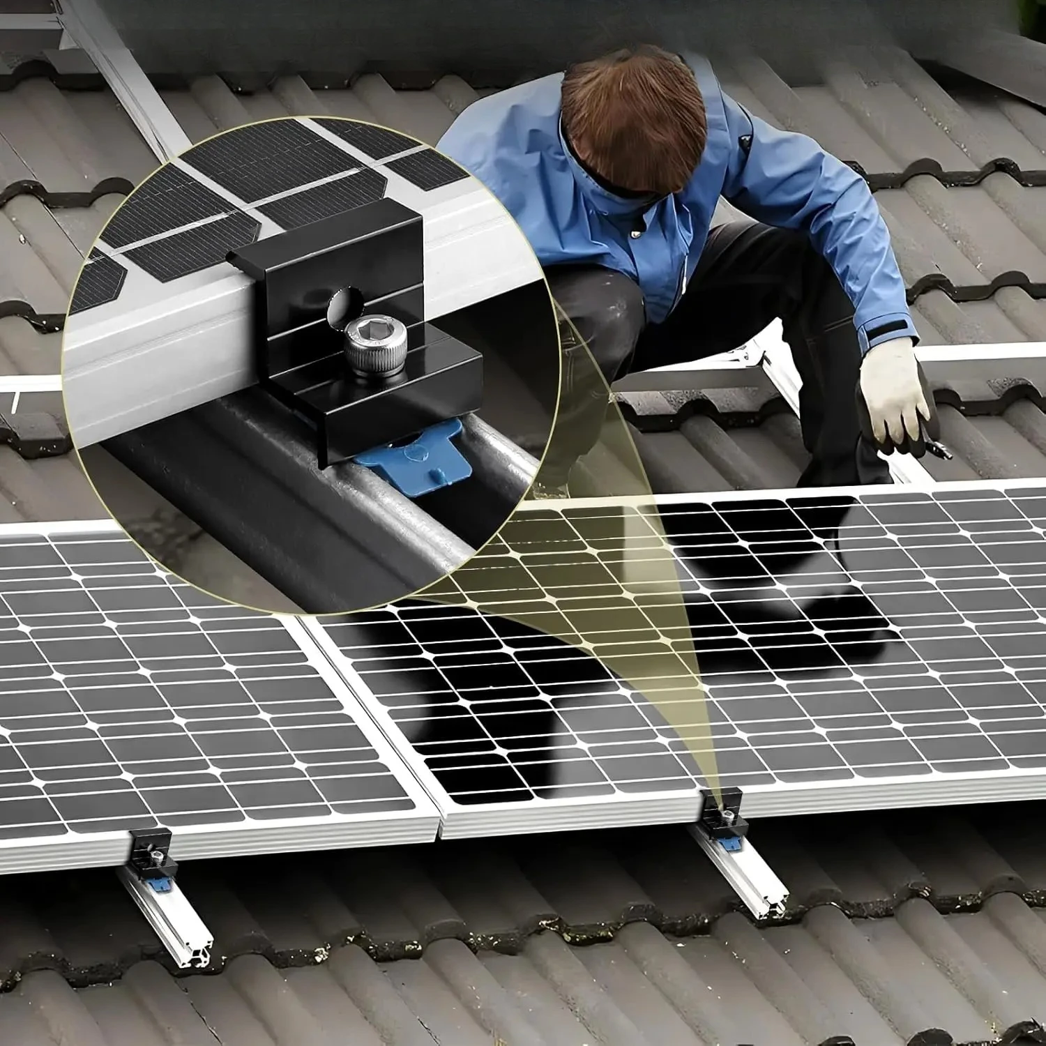 10pcs Solar Panel End Clamp, Aluminum 30mm/35mm Solar Panel Brackets with Nuts Bolts, , Tin Roof, Flat Roof, Sheet Roof, Black