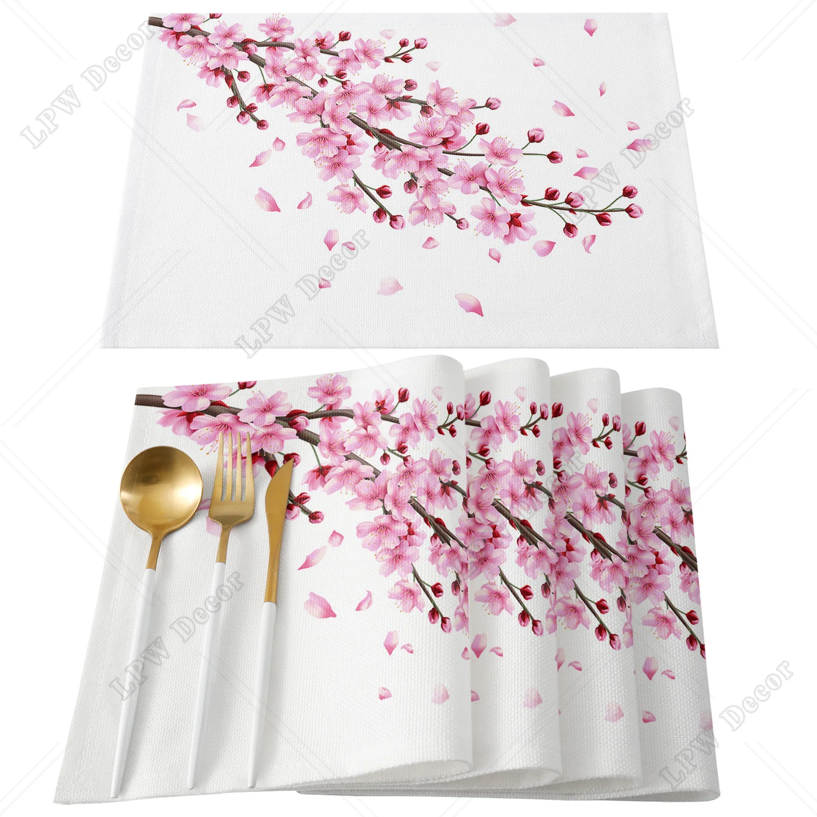 Spring Cherry Blossom Branch Pink Flower White Placemat Wedding Party Dining Decor Table Mat Kitchen Accessories Table Napkin