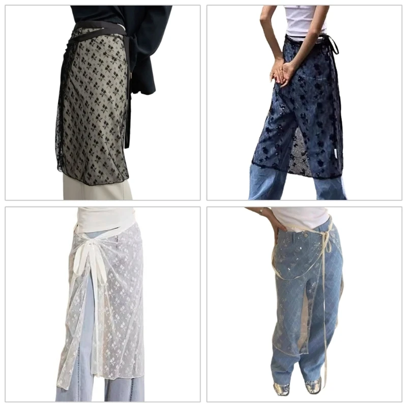 

Women Aesthetic See Through Sequins Flower Lace Long Apron Skirt Vintage Tie Up Sheer Hip Wrap Covering Scarf Overskirt