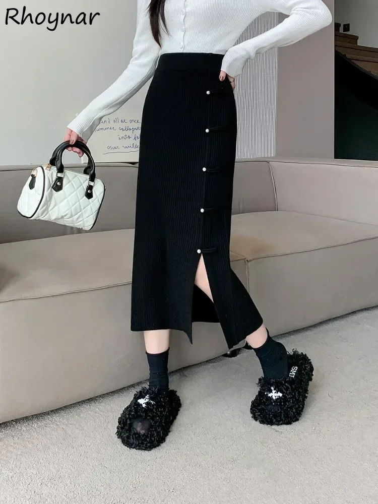 Autumn Winter Knitted Skirts Women Frog Side Slit Elegant Midi Chinese Style Casual Fashion Retro Solid Simple All-match A-line