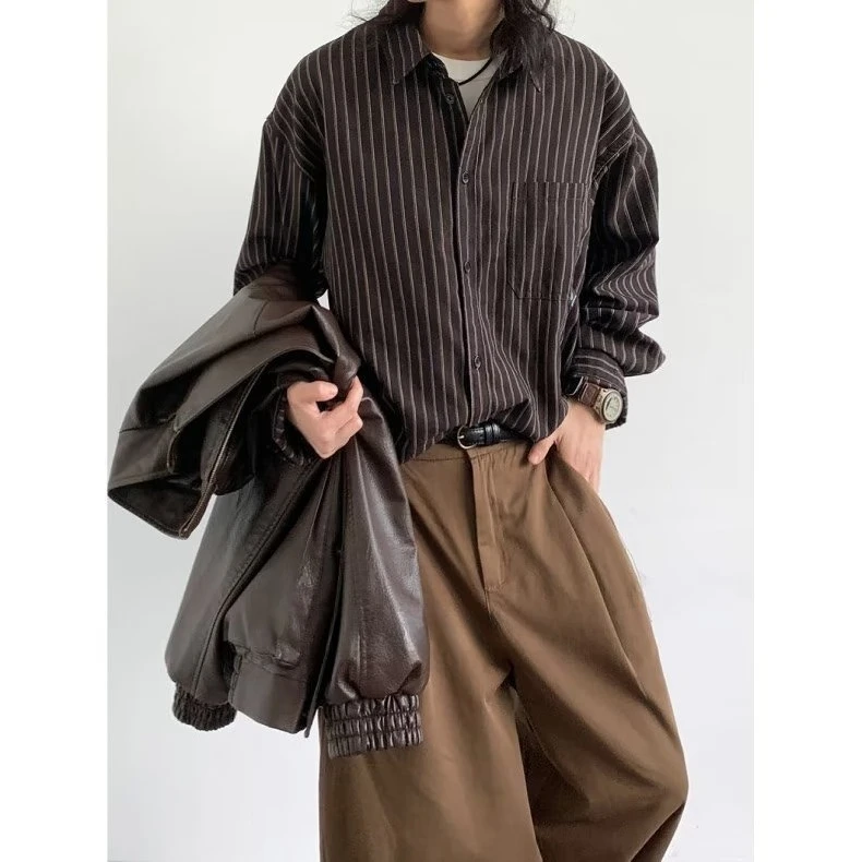Japan Retro Harajuku Striped Long Sleeved Shirt for Men 2026 Spring New Korean Fashion Men's Casual Loose Shirt Tops Streetwear