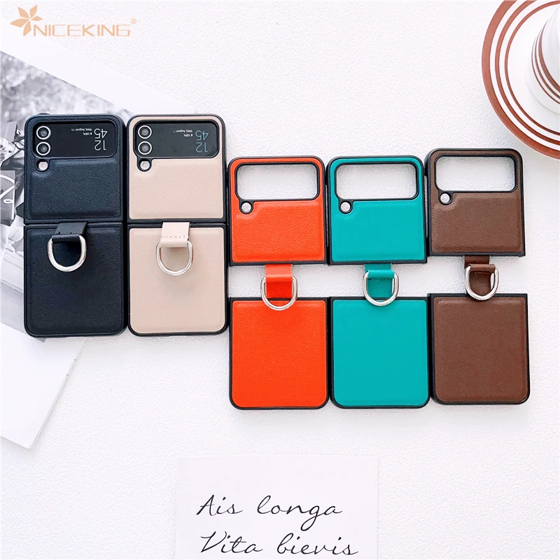 Luxury Pu Leather Phone Cases For Samsung Galaxy Z Flip 5 4 3 5G Hard Plastic Back Cover For Samsung Z Flip5 Case With Ring