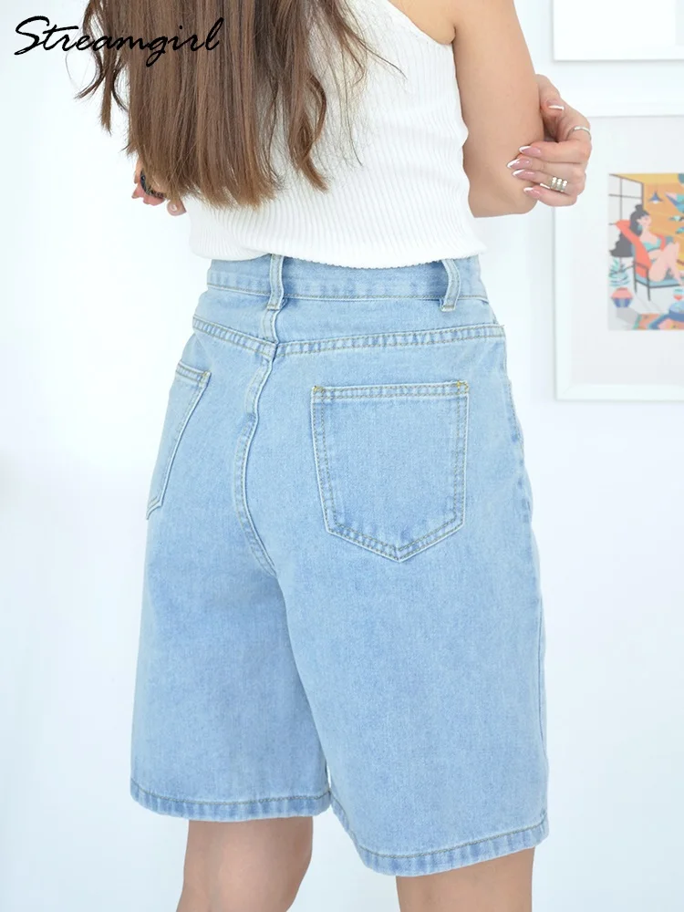 Streamgirl High Waisted Jeans Shorts Women 2023 Vintage Shorts Denim Loose Female Short Straight Jeans Shorts For Women Summer