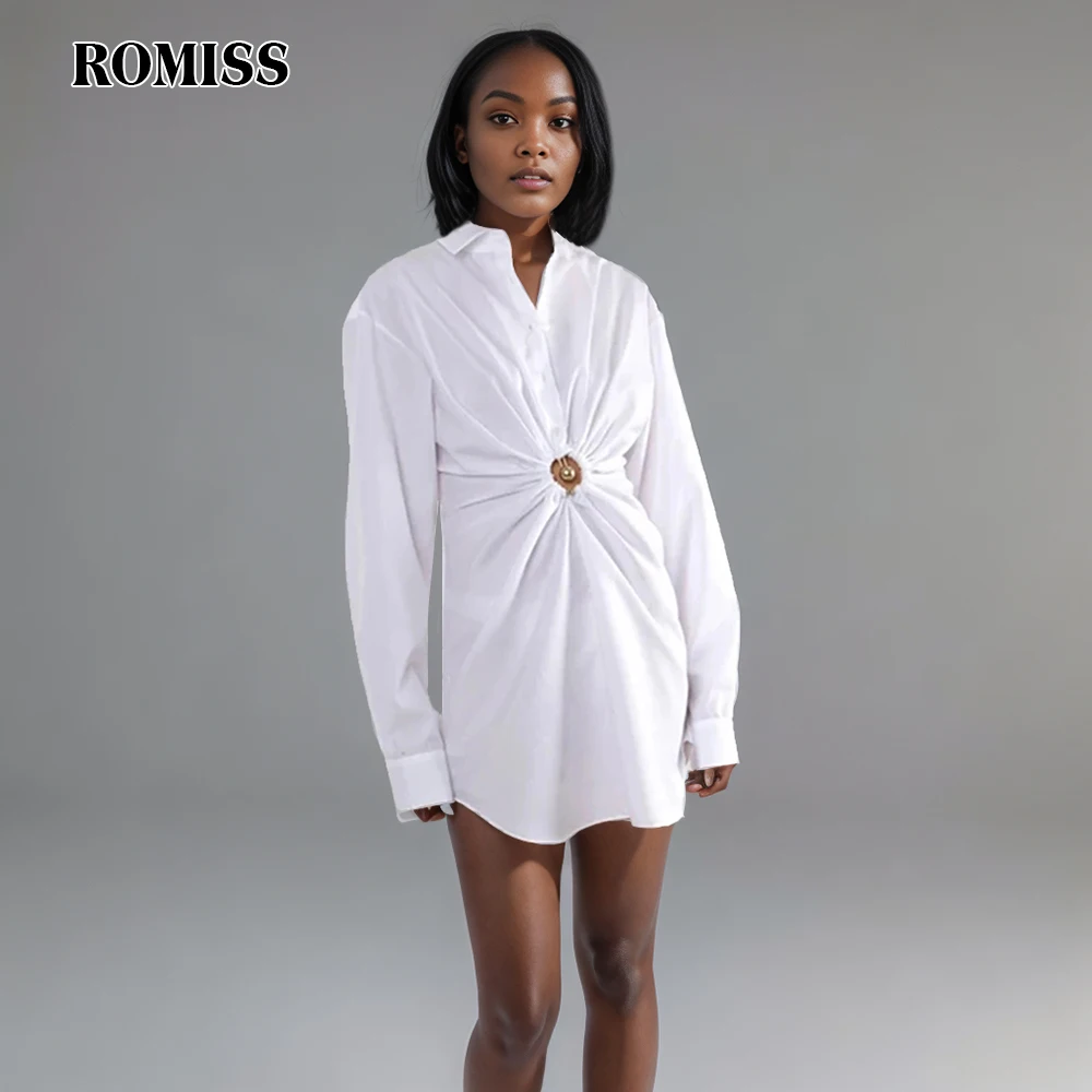 ROMISS Hollow Out Patchwork Button Solid Minimalist Dresse For Women Lapel Long Sleeve High Waist Slimming Mini Dress Female New