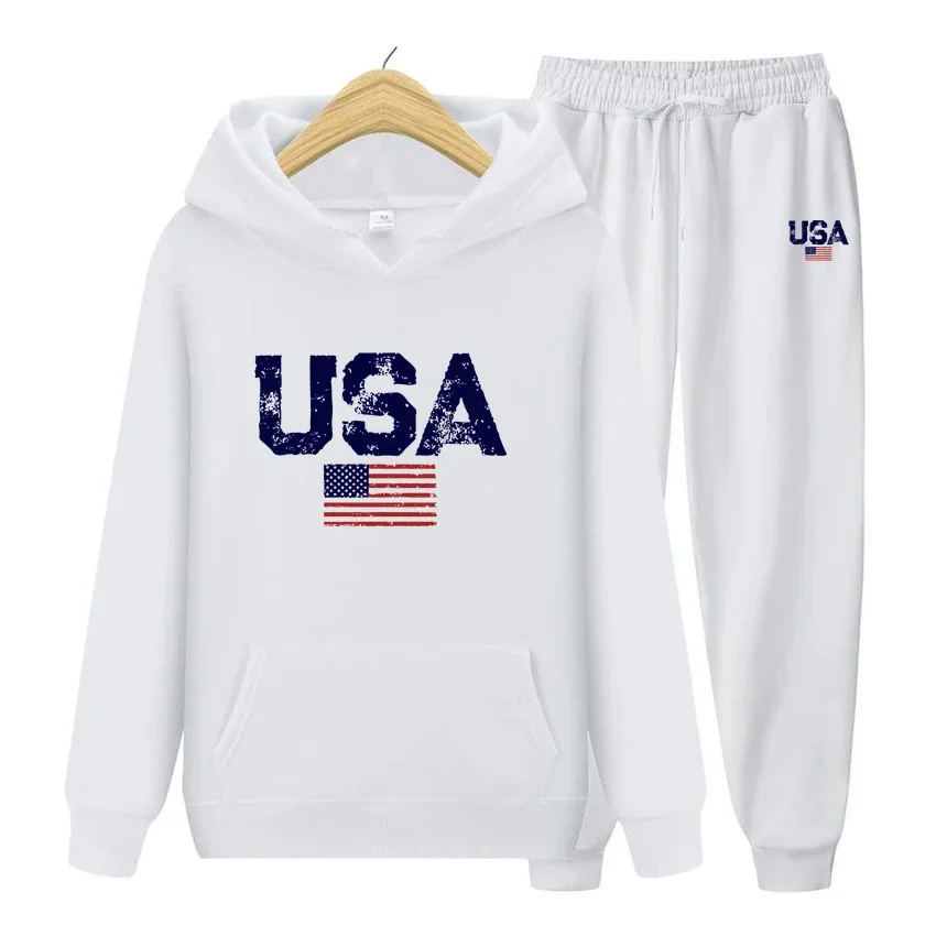 

Usa Letters American Flag Stars And Stripes Mens Clothing Loose Crewneck Hoodie Set Hoodies Casual Pocket Sweatshirt Set