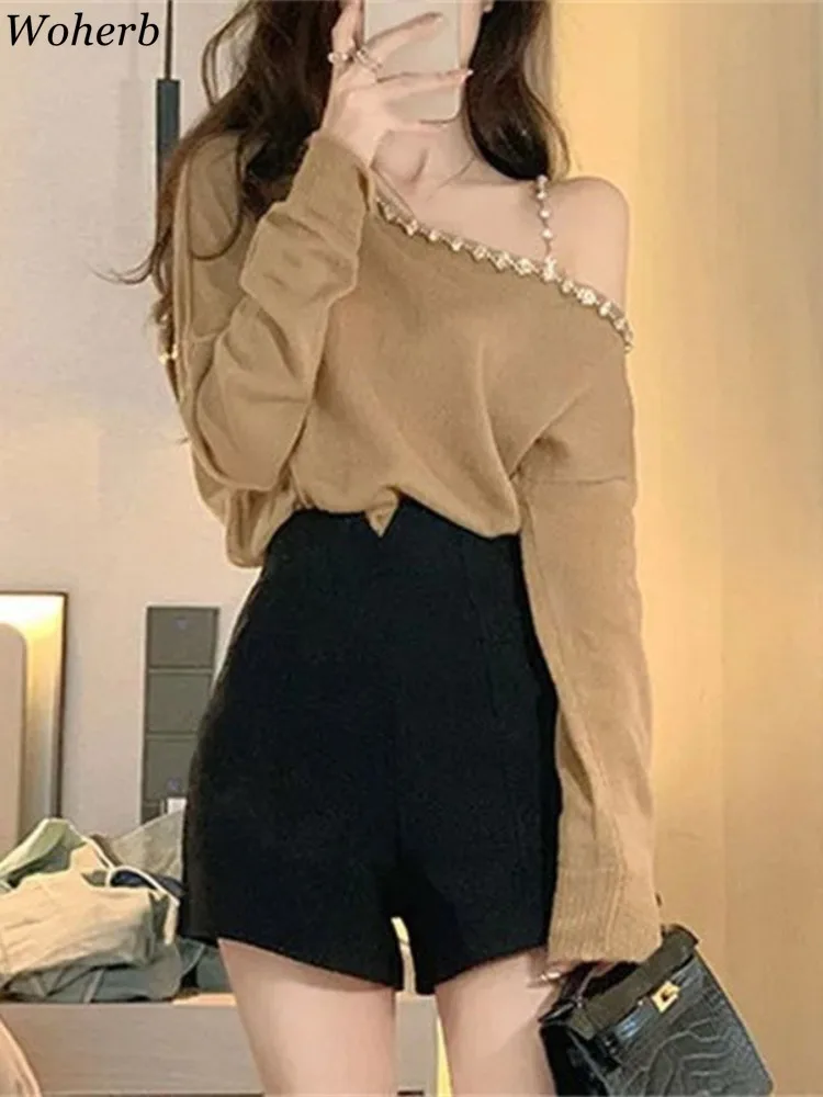 Knitting Pullovers Women\'s Clothing Sexy Slash Neck Tunic Jumper Off Shoulder Diamond Sweater Y2k Tops Korean Chic Sueter Mujer