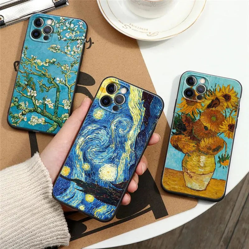 Van Gogh Painting Case for IPhone 15 12 11 13 14 Pro Max X S 8 Plus Cover Starry Sunflower Almond Blossoms Cafe Terrace at Night