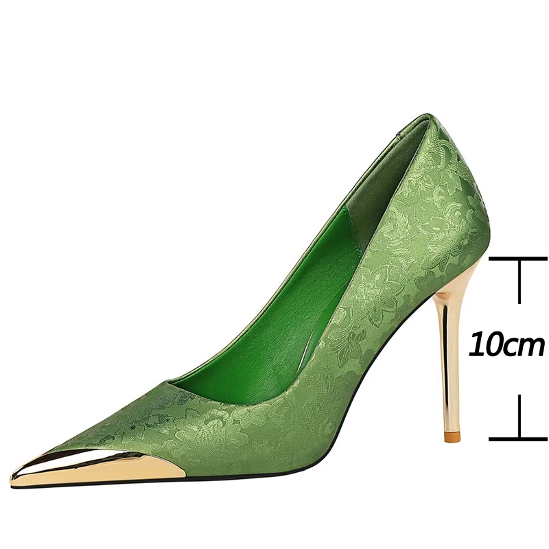 BIGTREE Shoes Metal Pointed End Women Pumps Silks Satins High Heels Ethnic Style Women Stilettos Heels 10 Cm Banquet High Heels