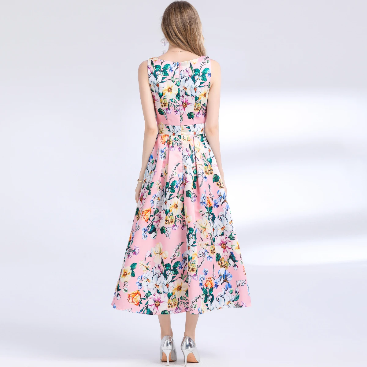 Férias de verão rosa vestidos florais feminino tanque colete sem mangas fino cintura alta bolso flor impressão praia festa midi vestido