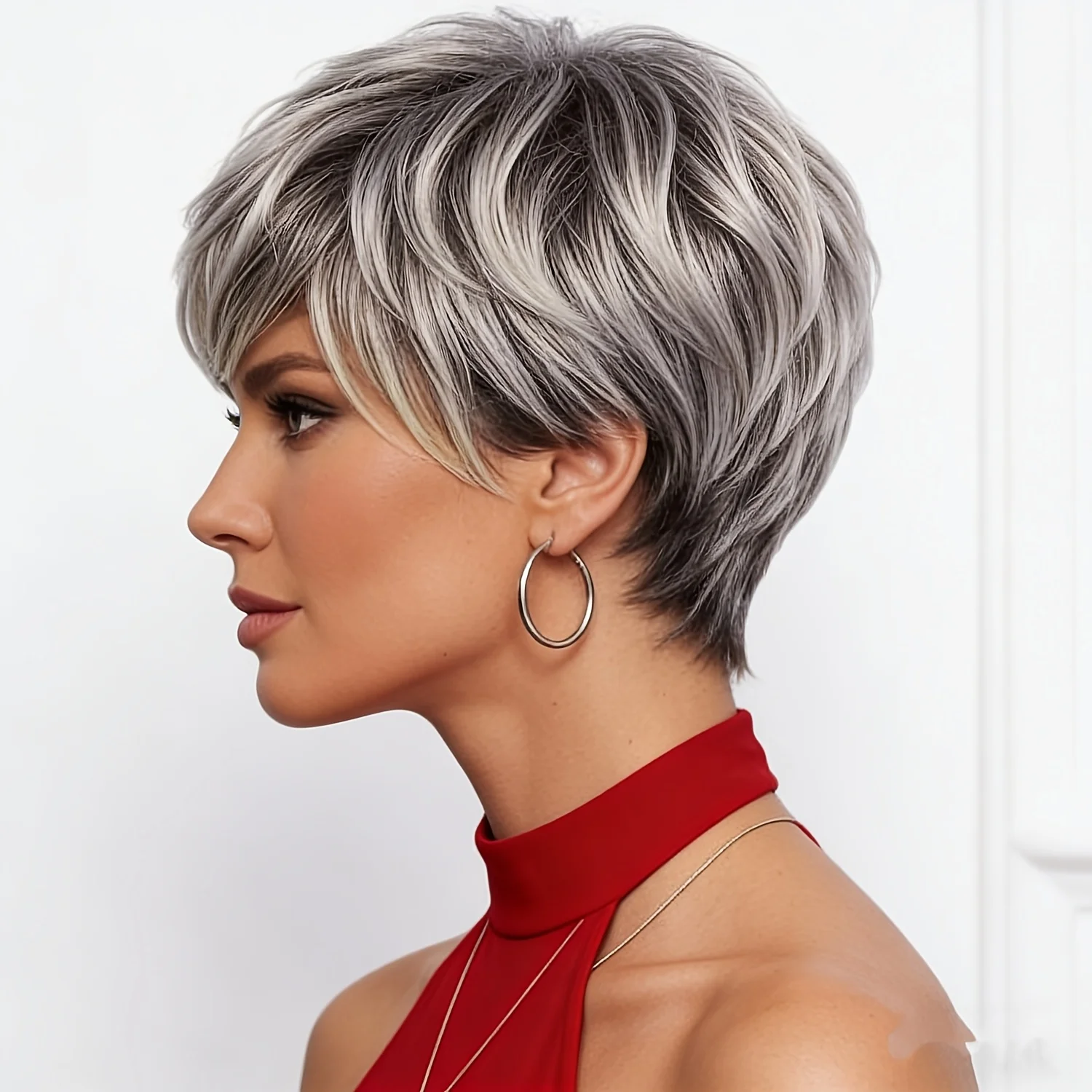 Women's Short Gray-Silver Wig with Natural Layered Elf-Style Bob and Bangs, Instant-On Synthetic Short Gray Hair Wig