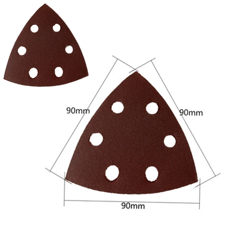 10 pezzi fogli triangolo carta vetrata rossa 90 * 90 * 90mm 6 fori levigatura gancio e anello 40 -240 grana disco abrasivo abrasivo per levigatura del legno