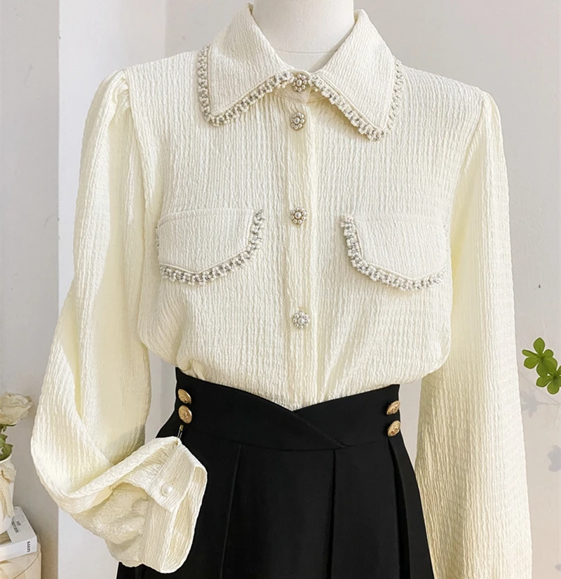 Luxury Beaded Stitch Shirts Blouses For Women\'s Spring Autumn New Fashion Beige Shirt Long Sleeve Office Lady Elegant Top