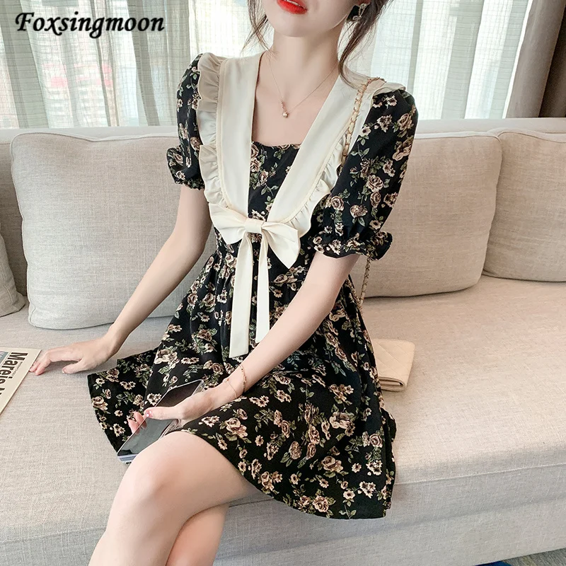 

Women's Dress Summer Floral Print Casual Short Dress Short Sleeve Sailor Collar Bow Tie Elegant Party Female Fashion Black Dress