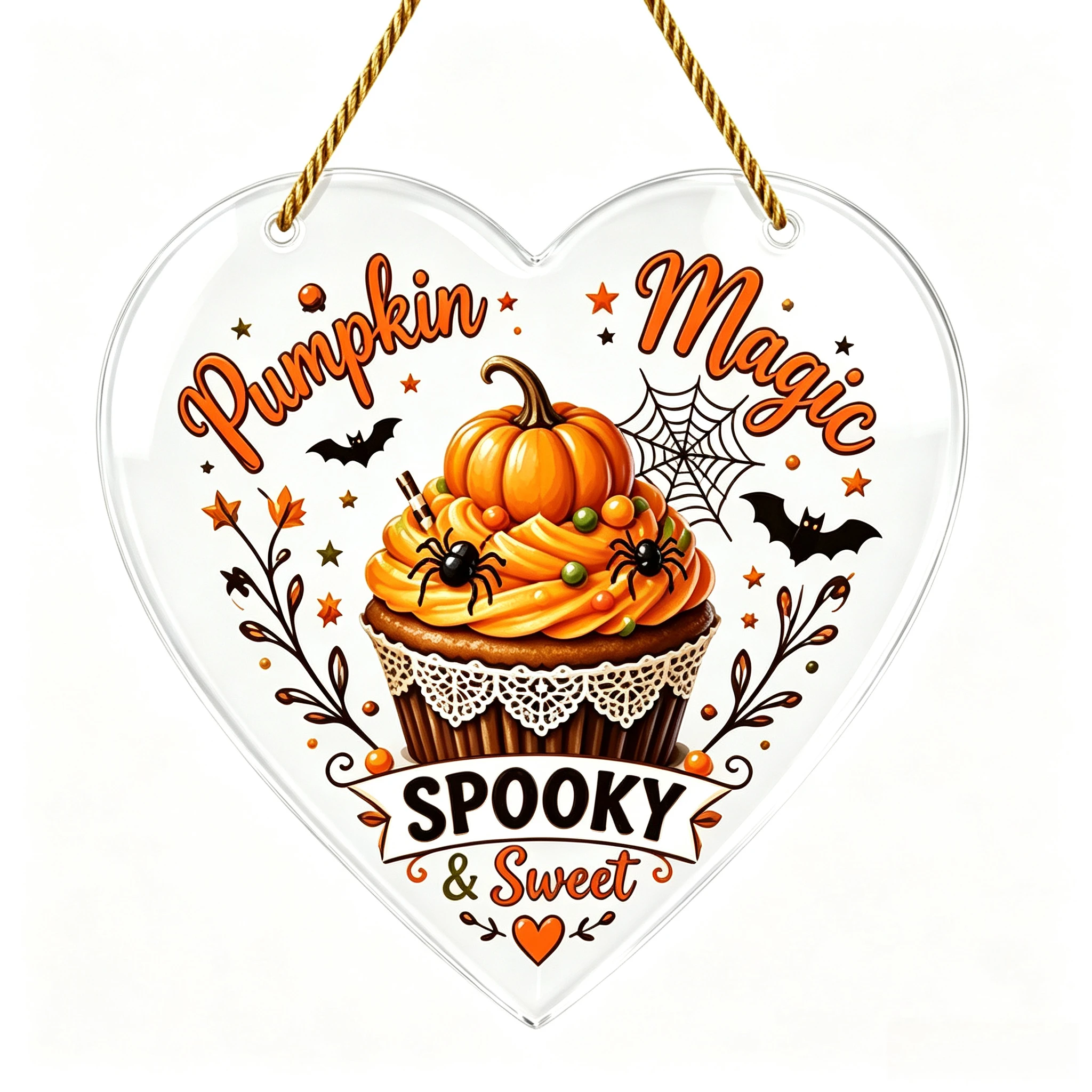 Sweet Halloween Cupcake Heart Acrylic Hanger, Lace Cupcake Spider Web Bat Fall Holiday Wall Ornament
