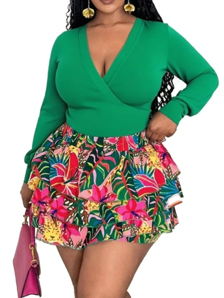 

2025 Plus Size African Dresses for Women XL-5XL Summer Long Sleeve V-neck Print Top Skirt Matching Sets Dashiki Africa Clothing