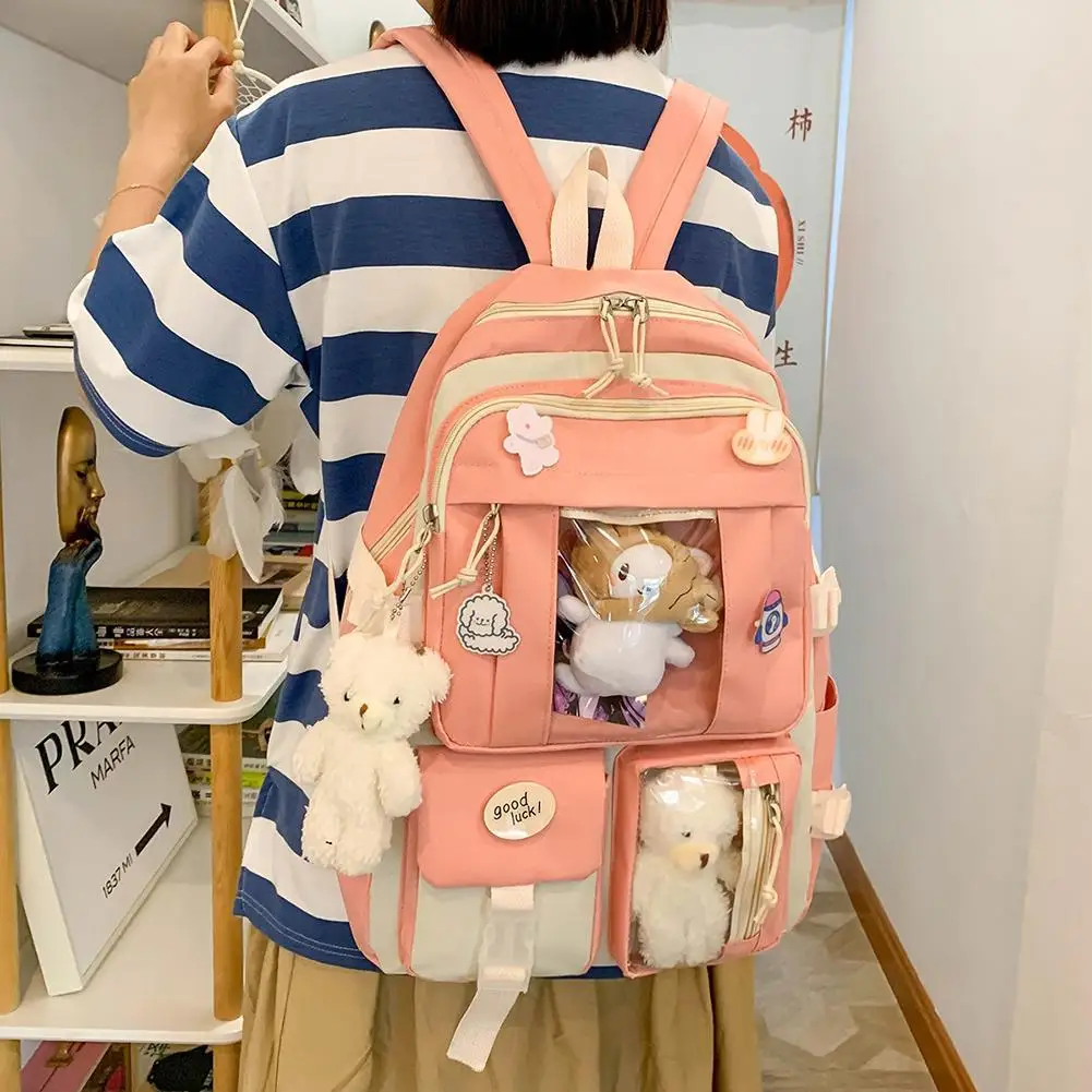 5 Buah/Set Ransel Wanita Kawaii 2023 Tas Sekolah Kapasitas Besar Siswa Lucu Korea Tas Punggung Ransel Perjalanan Sekolah Anak Perempuan Korea Baru