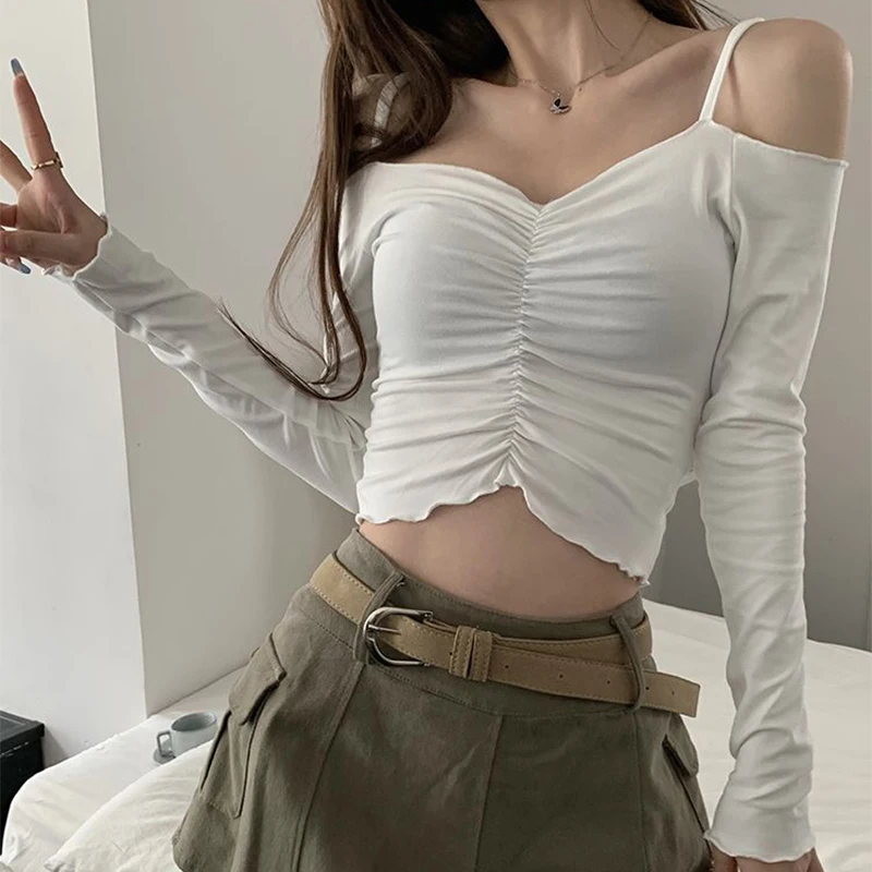 

French Off The Shoulder Long Sleeve Cami Women T Shirts Fall Sweet Spicy Ruffle Fish Bone Crop Top Fashion Sexy Daily Wear White