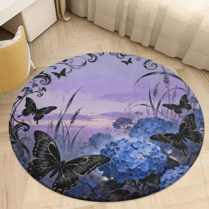 Purple Hydrangea Black Butterfly Round Carpet Soft Decorative Floor Mat Gothic Art Floor Rug for Living Room Bedroom Home Decor