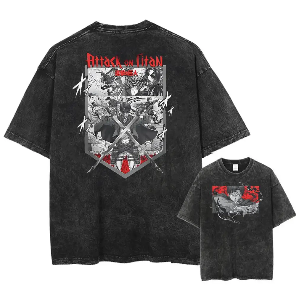 

Attack on Titan Anime Acid Washed T Shirt Short Sleeves Streetwear Tops Vintage Manga Oversized Tees for Men and women