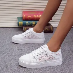 Vrouwen Schoenen 2023 Mode Zomer Casual Witte Schoenen Uitsparingen Kant Canvas Holle Ademende Plateau Platte Schoenen Vrouw Sneakers