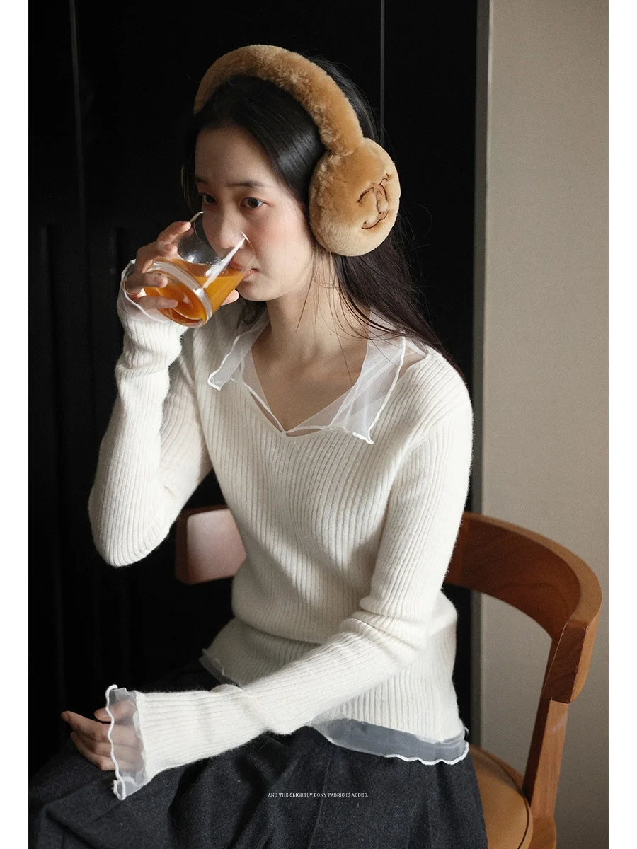 

Lalaglow Soft Wool V-Ne Slim Fit Knitted Base irt Women's Long Sve Me Splicing Knitted Top Comfortable Winter Faion