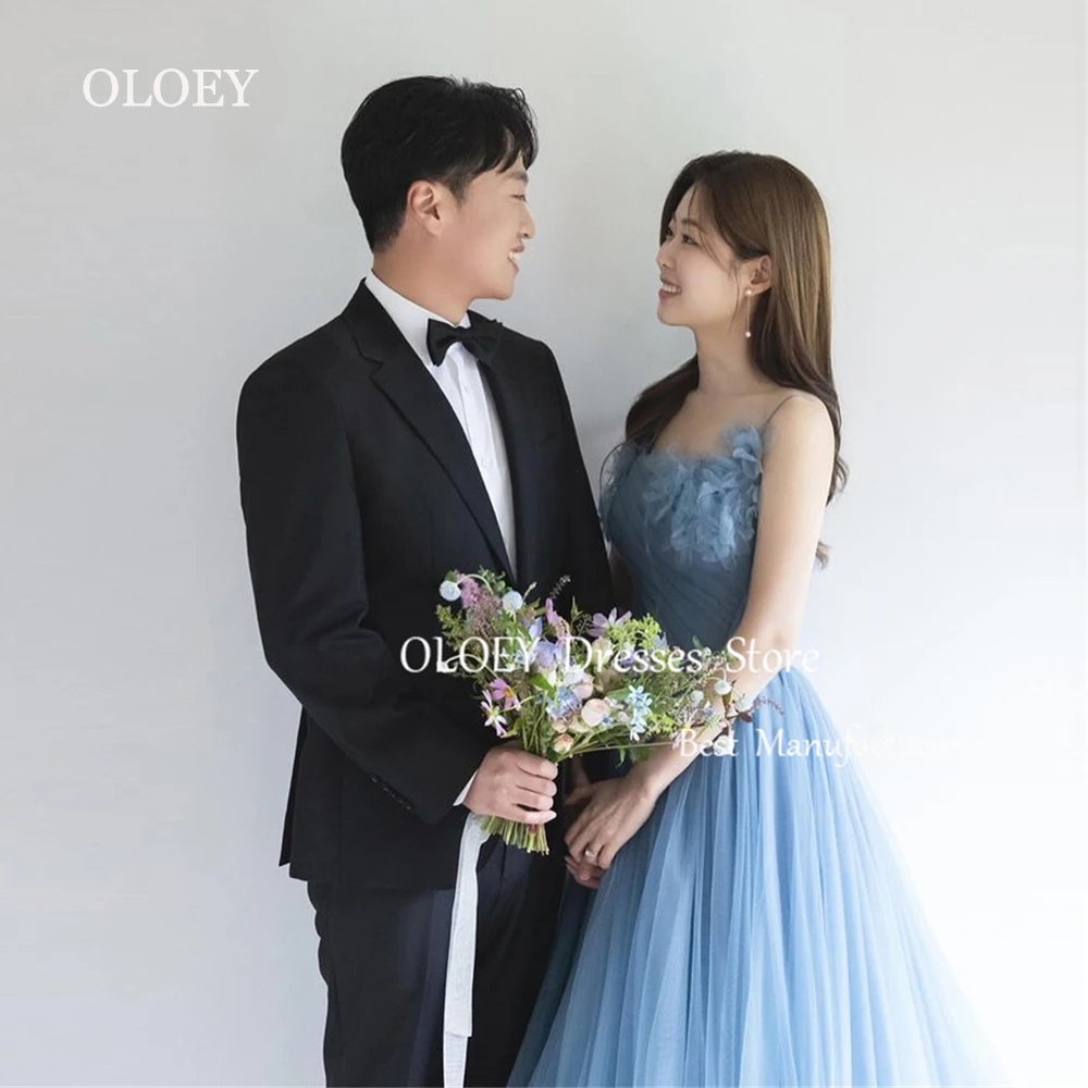 

OLOEY Blue A Line Long Prom Dress Korea Wedding Photoshoot Sleeveless Party Dress Soft Tulle Spaghetti Straps Custom Made