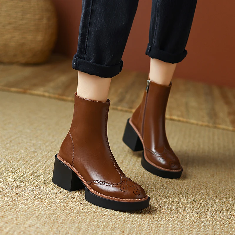 2022 New Retro Mature Female Concise Women Ankle Boots Split Leather Thick Heels Autumn Winter Side Zipper Office Shoes Woman