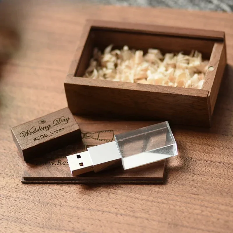 SHANDIAN Free Custom Logo Wood Crystal USB 3.0 Flash Drive 128GB High Speed Pen Drive Wooden Box 64GB Business Gift U Disk 32GB