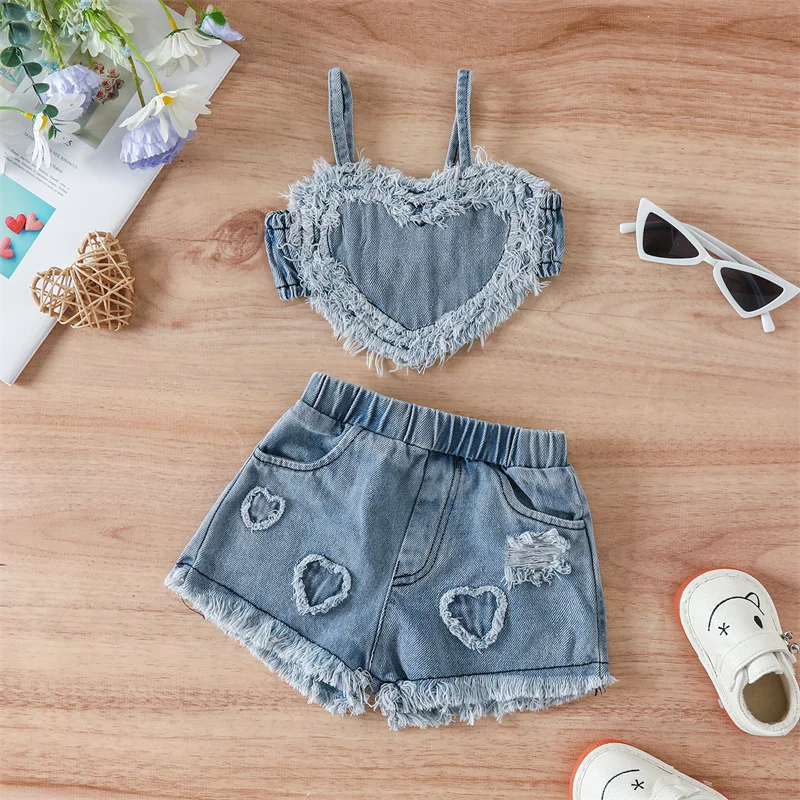 

Baby Girls Outfit Summer Heart Shape Sleeveless Camisole and Elastic Ripped Denim Shorts Summer Clothing Two Piece Clothes Set