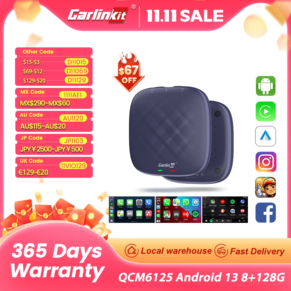 

CarlinKit CarPlay Ai TV Box Android 13 QCM6125 Беспроводной CarPlay Android Auto 4G LTE Smart Car Play Streaming Box 8G 128G FOTA